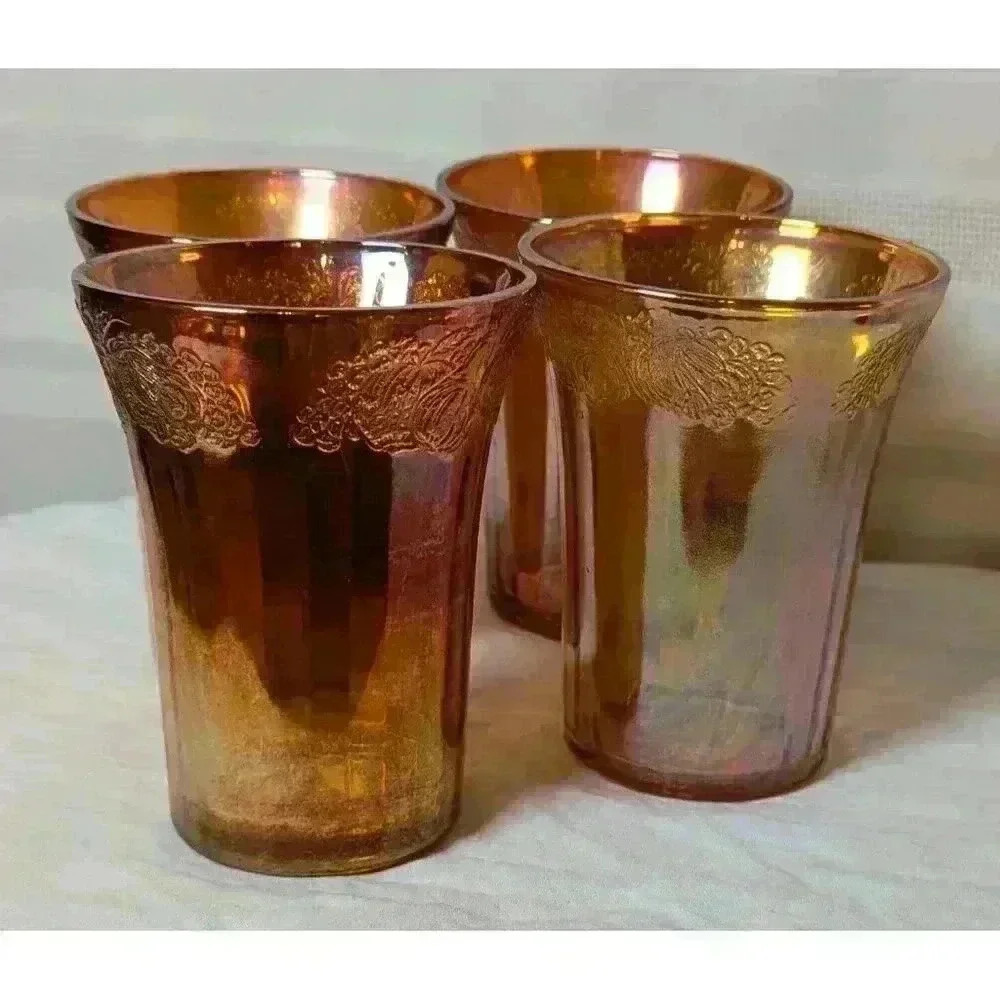 Set Of 4 Iridescent Carnival Drinking Glasses Fruit Motif 4" x3-1/4" Amber Color - Picture 2 of 14